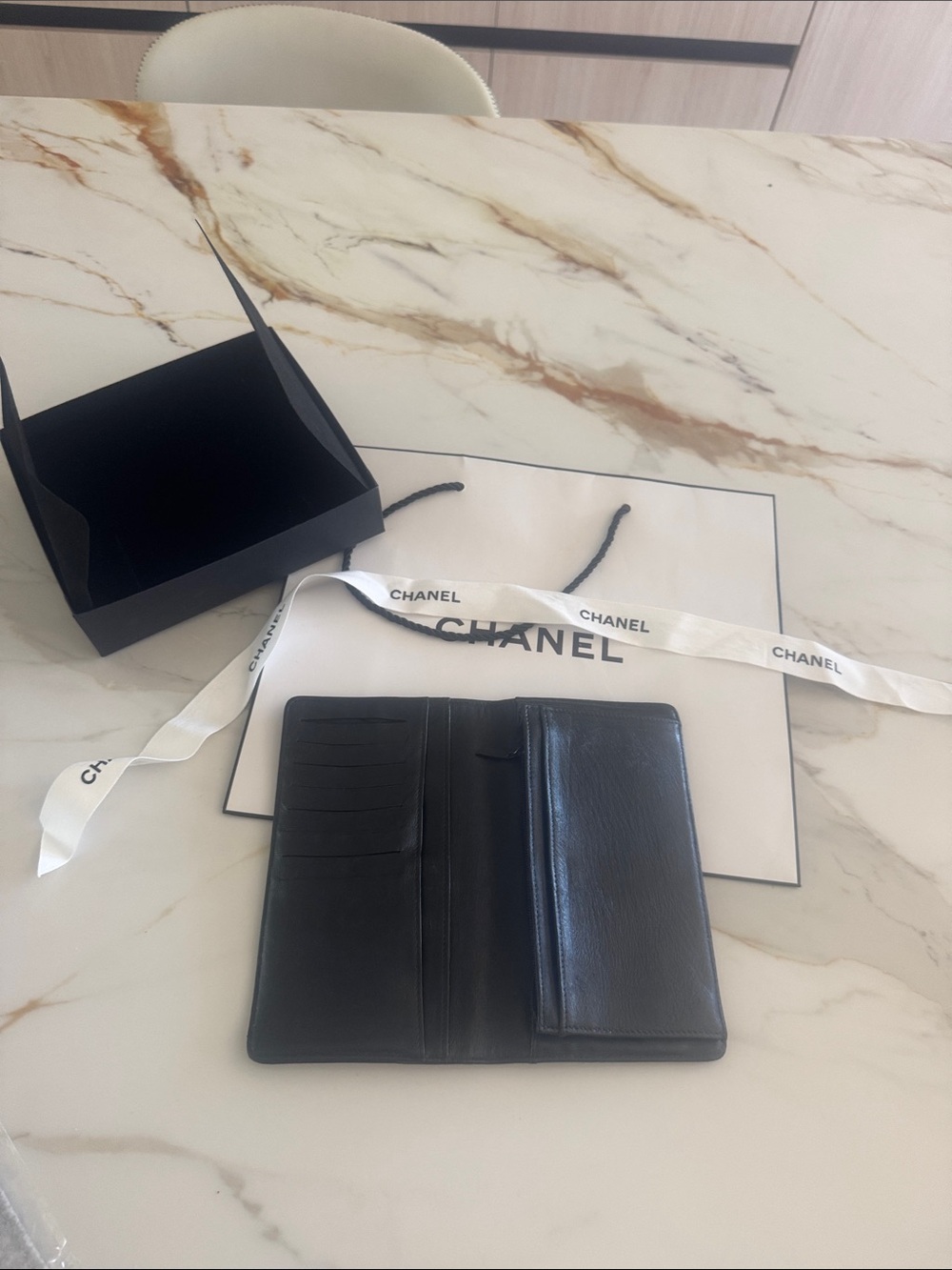 CHANEL Black Leather Bifold Wallet with Flap Pocket